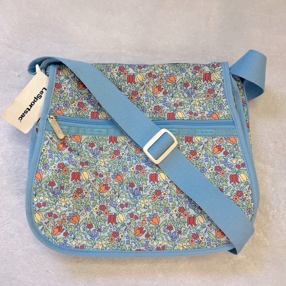 Vintage LeSportsac Blue Floral Nylon Crossbody Saddle Bag NWT USA - Picture 1 of 13